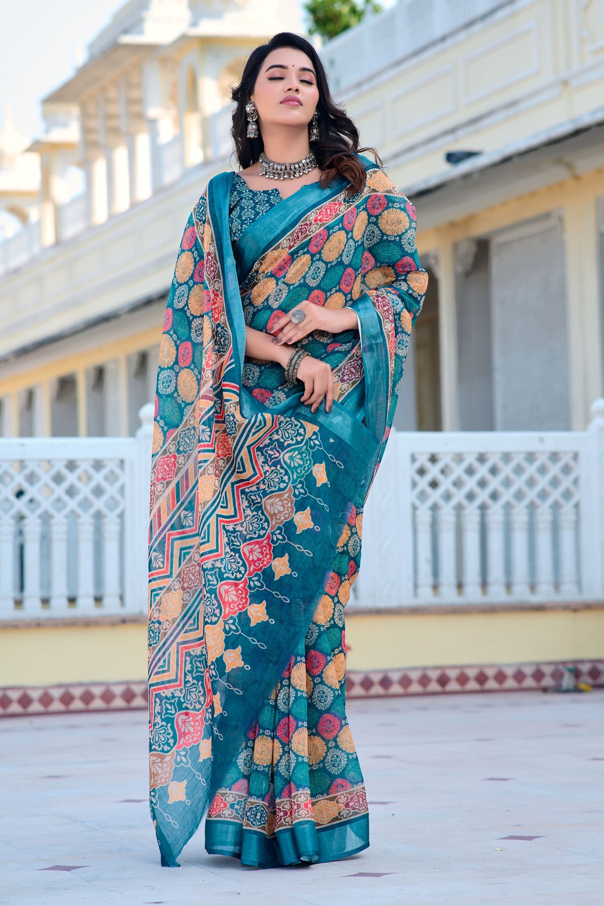 Multi Beautiful Linen Cotton Designer Festive Wear Saree