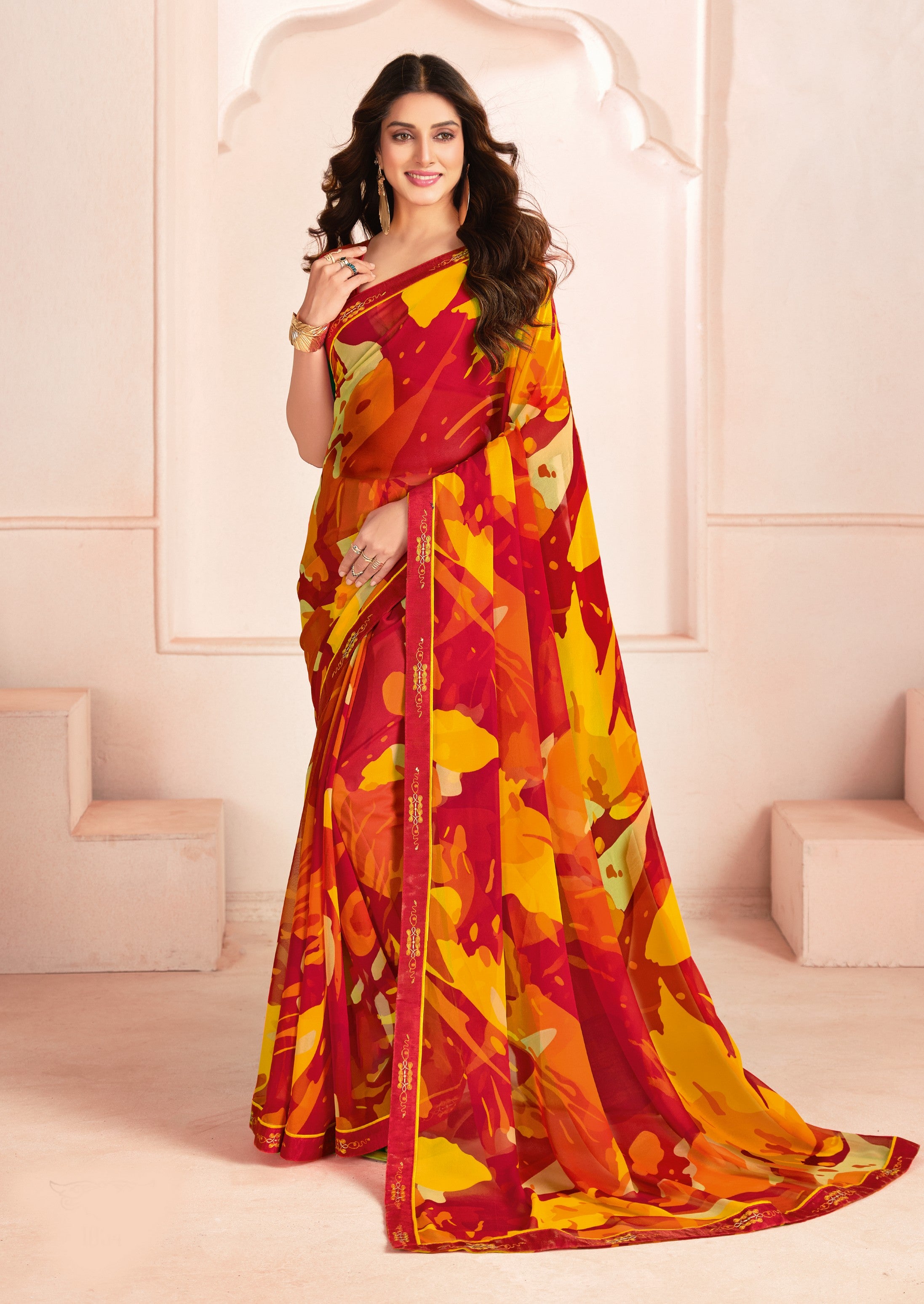 Multi Bemberg Georgette Elegant Designer Digital Printed Ceremonial Classy Saree