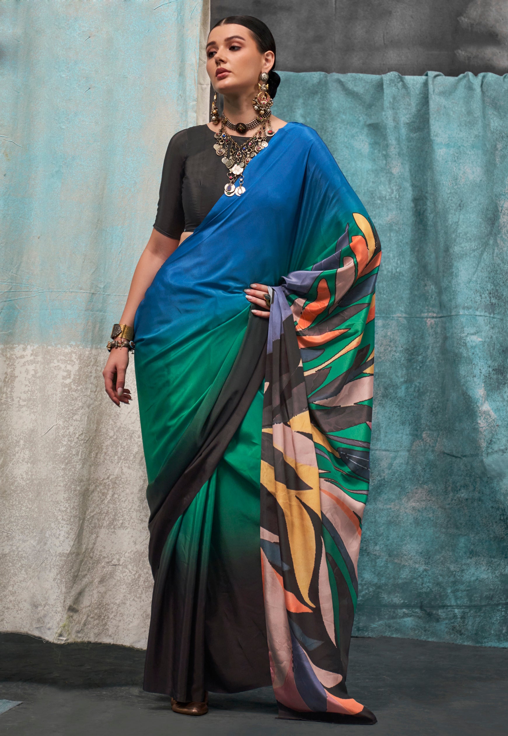 MultiColor Crape Saree With  Digital Print