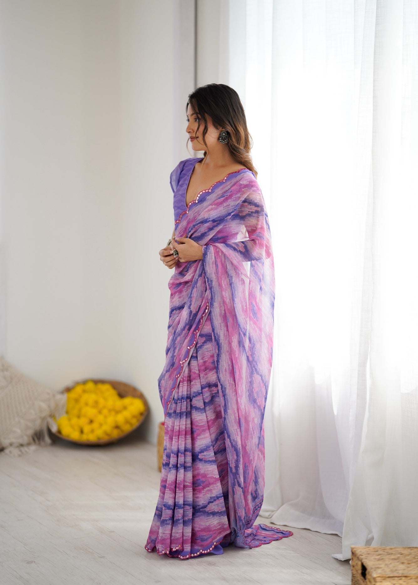 Multi Color Georgette Saree With Digital Print And Mirror Work