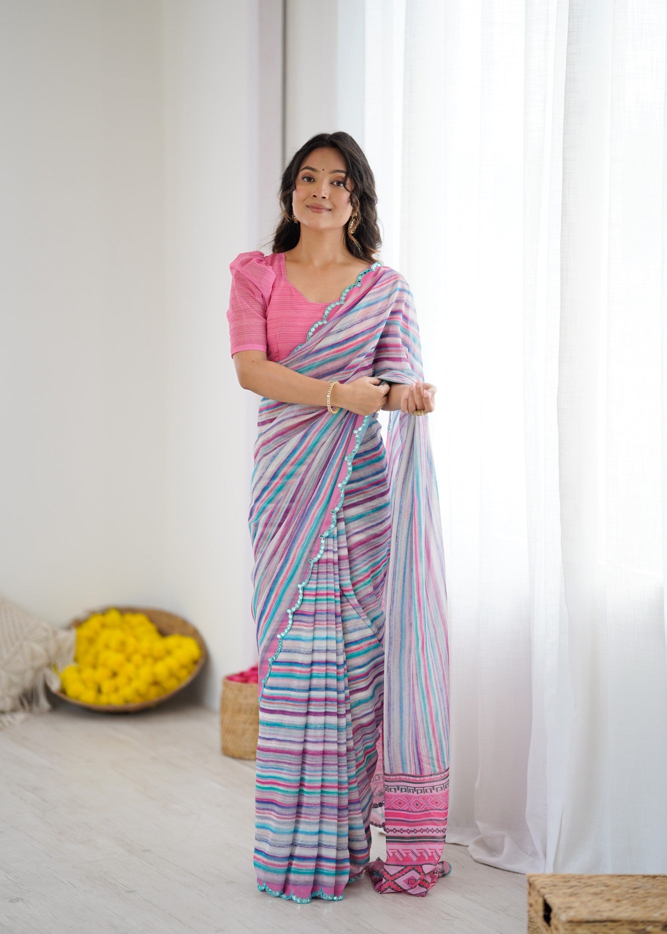 Multi Color Georgette Saree With Digital Print And Mirror Work