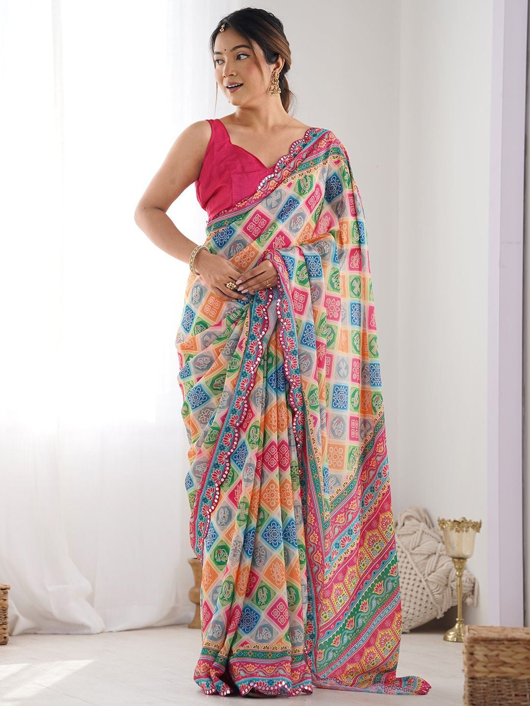 Multi Color Georgette Saree With Digital Print And Mirror Work