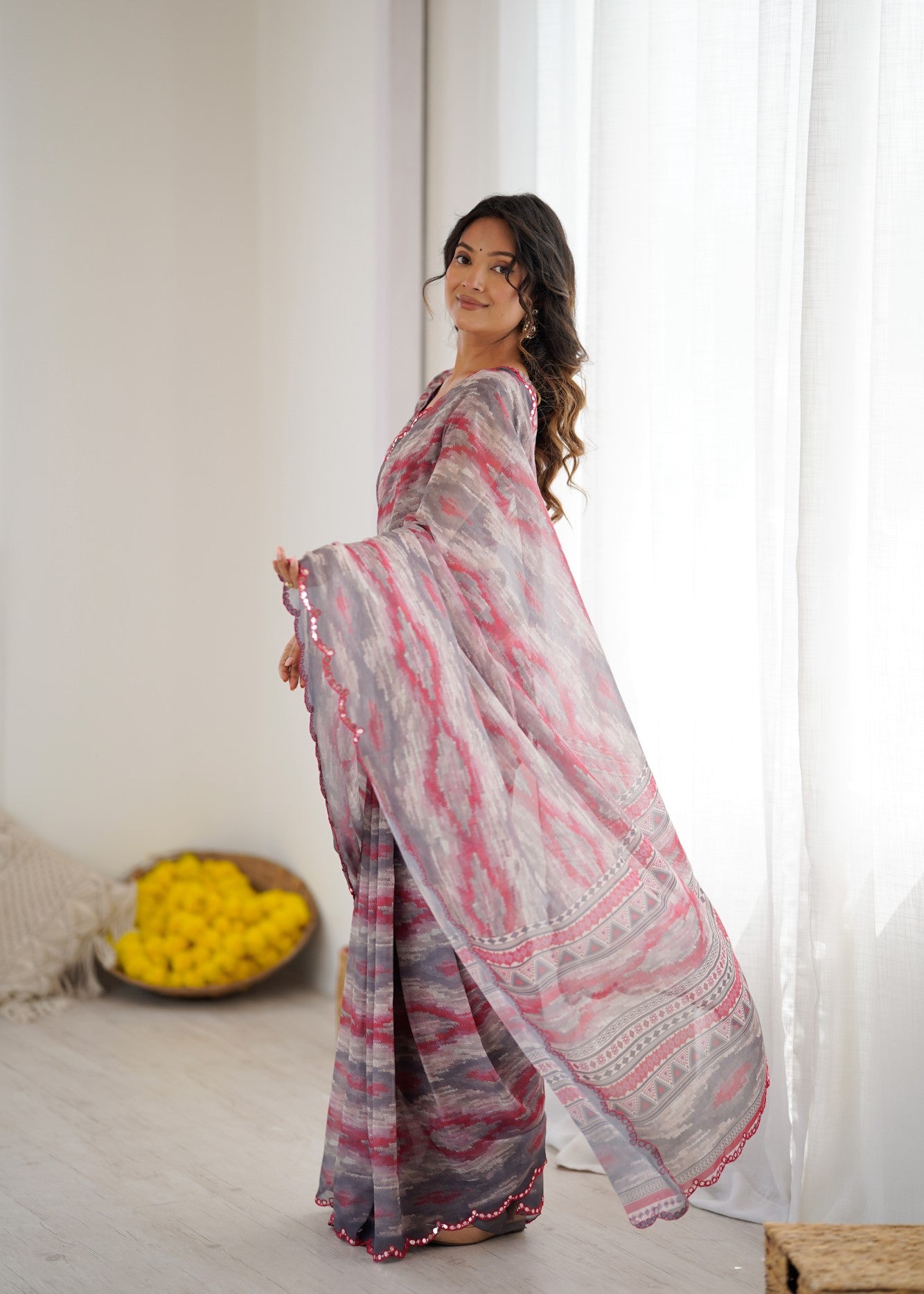 Multi Color Georgette Saree With Digital Print And Mirror Work