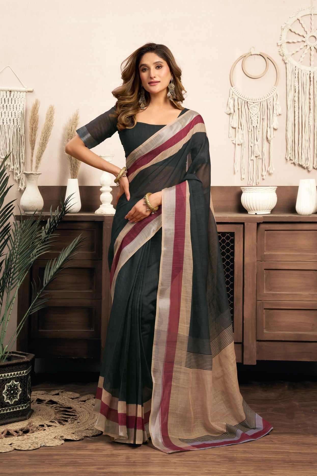 Multi Color Linen Ready To Wear Saree With Printed Design And Zari Stripe Border With Pocket
