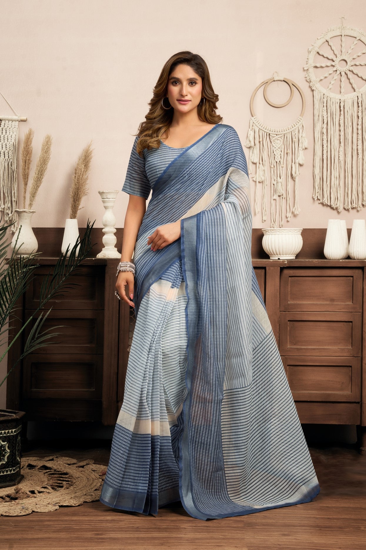 Multi Color Linen Ready To Wear Saree With Printed Design And Zari Stripe Border With Pocket
