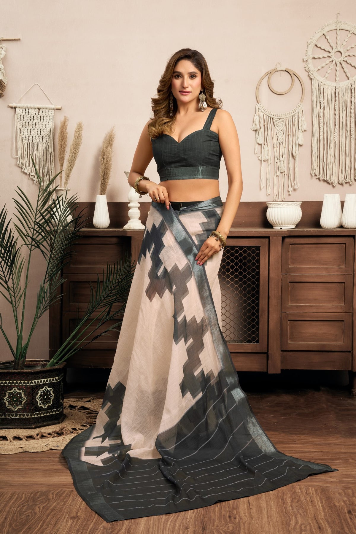 Multi Color Linen Ready To Wear Saree With Printed Design And Zari Stripe Border With Pocket