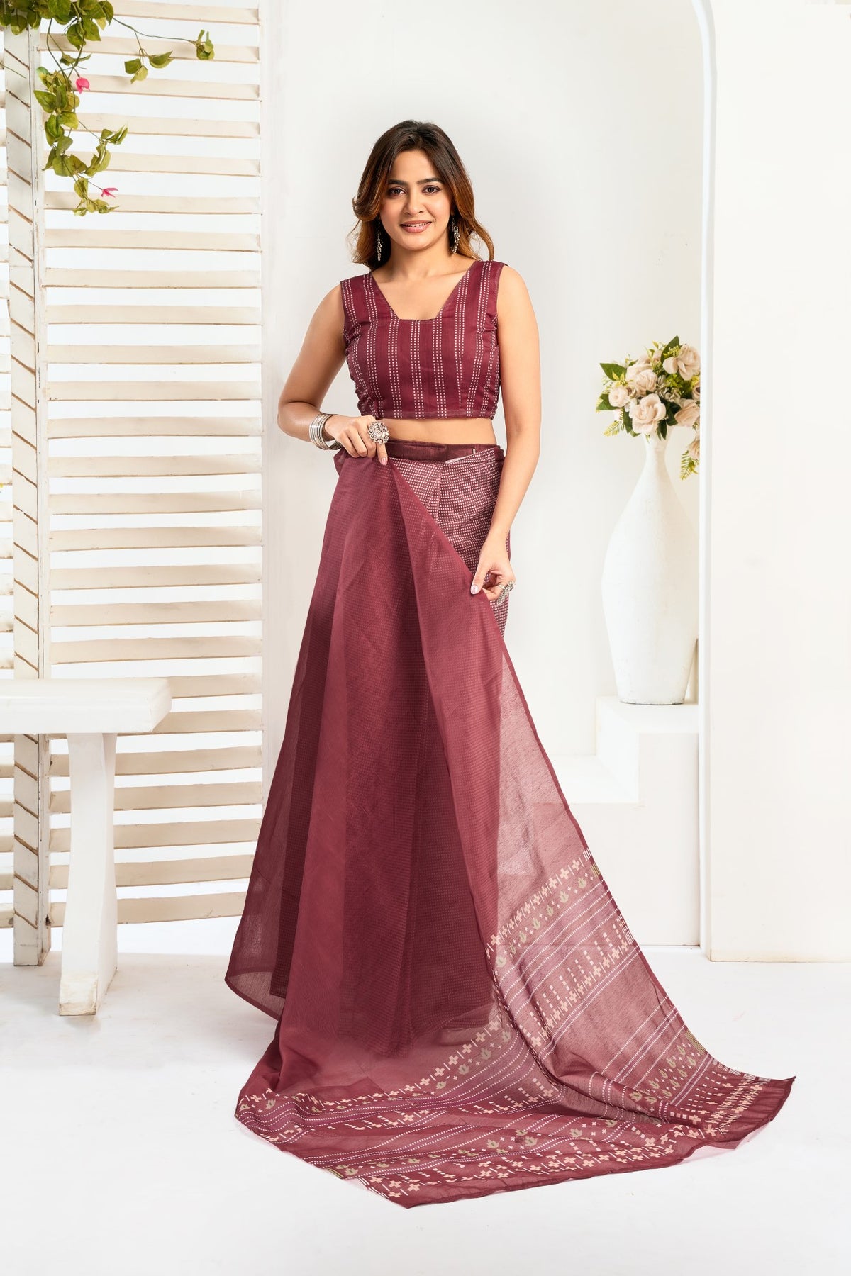 Multi Color Linen Ready To Wear Saree With Printed Design And Zari Stripe Border With Pocket