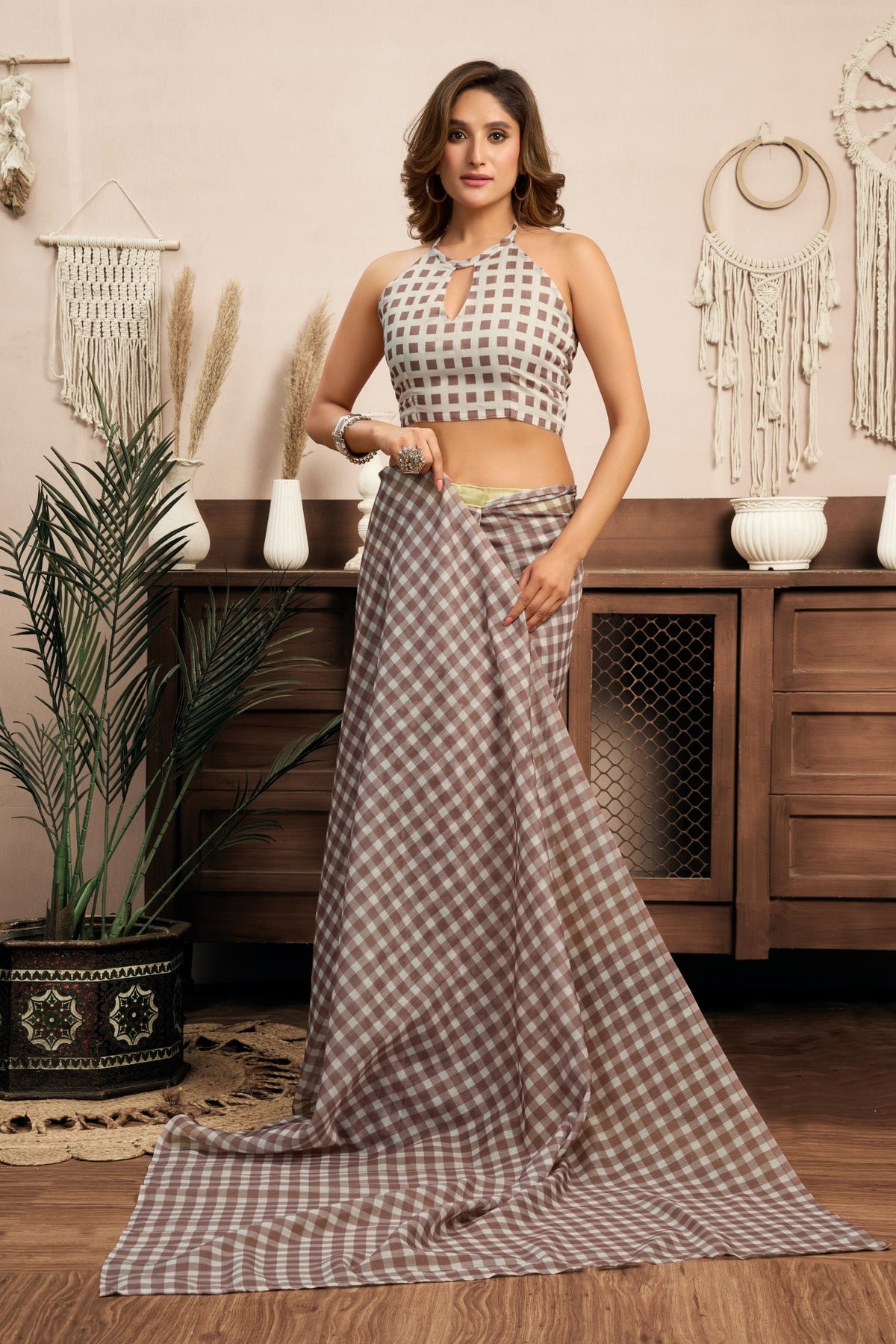 Multi Color Linen Ready To Wear Saree With Printed Design And Zari Stripe Border With Pocket