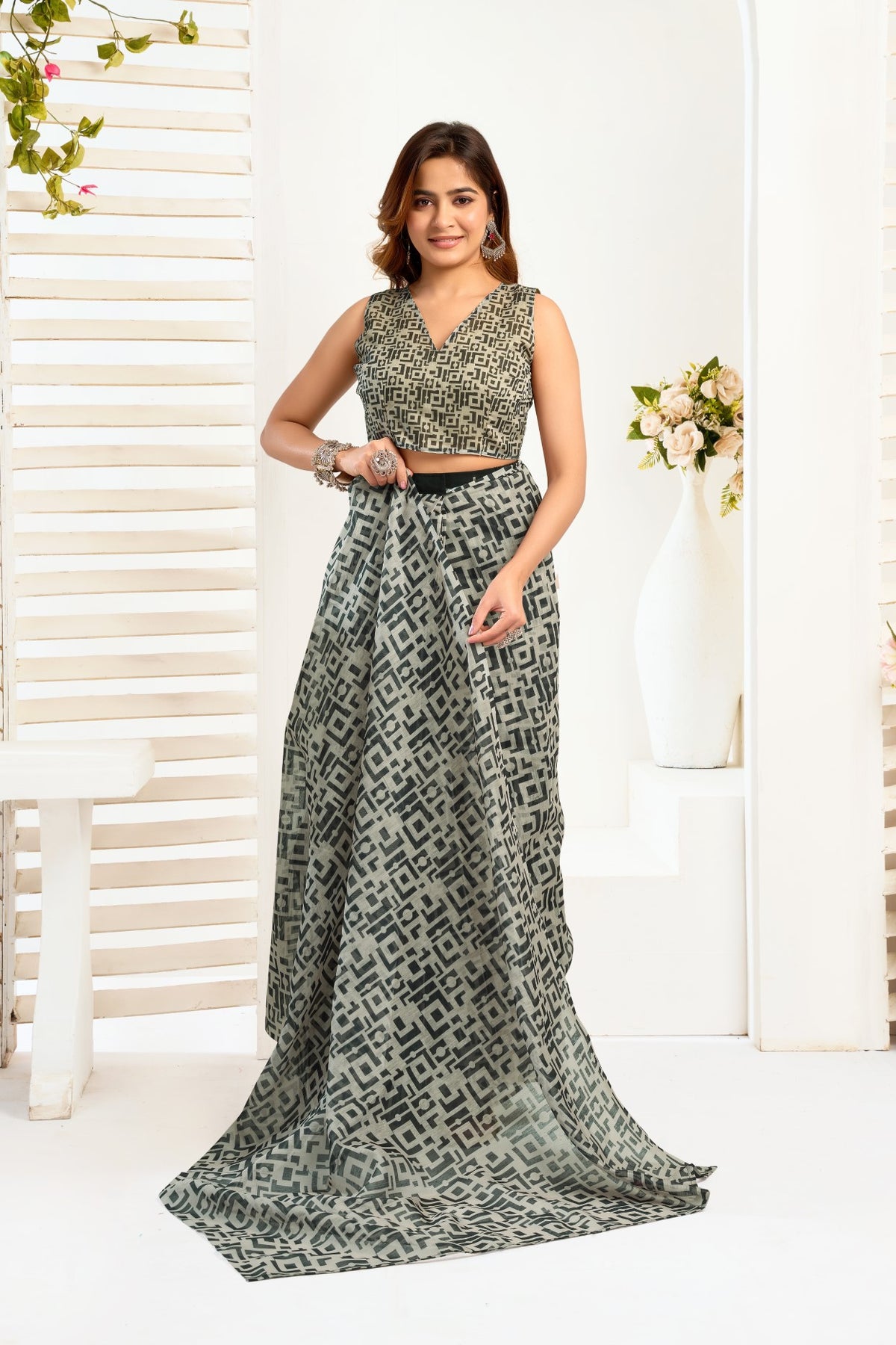 Multi Color Linen Ready To Wear Saree With Printed Design And Zari Stripe Border With Pocket