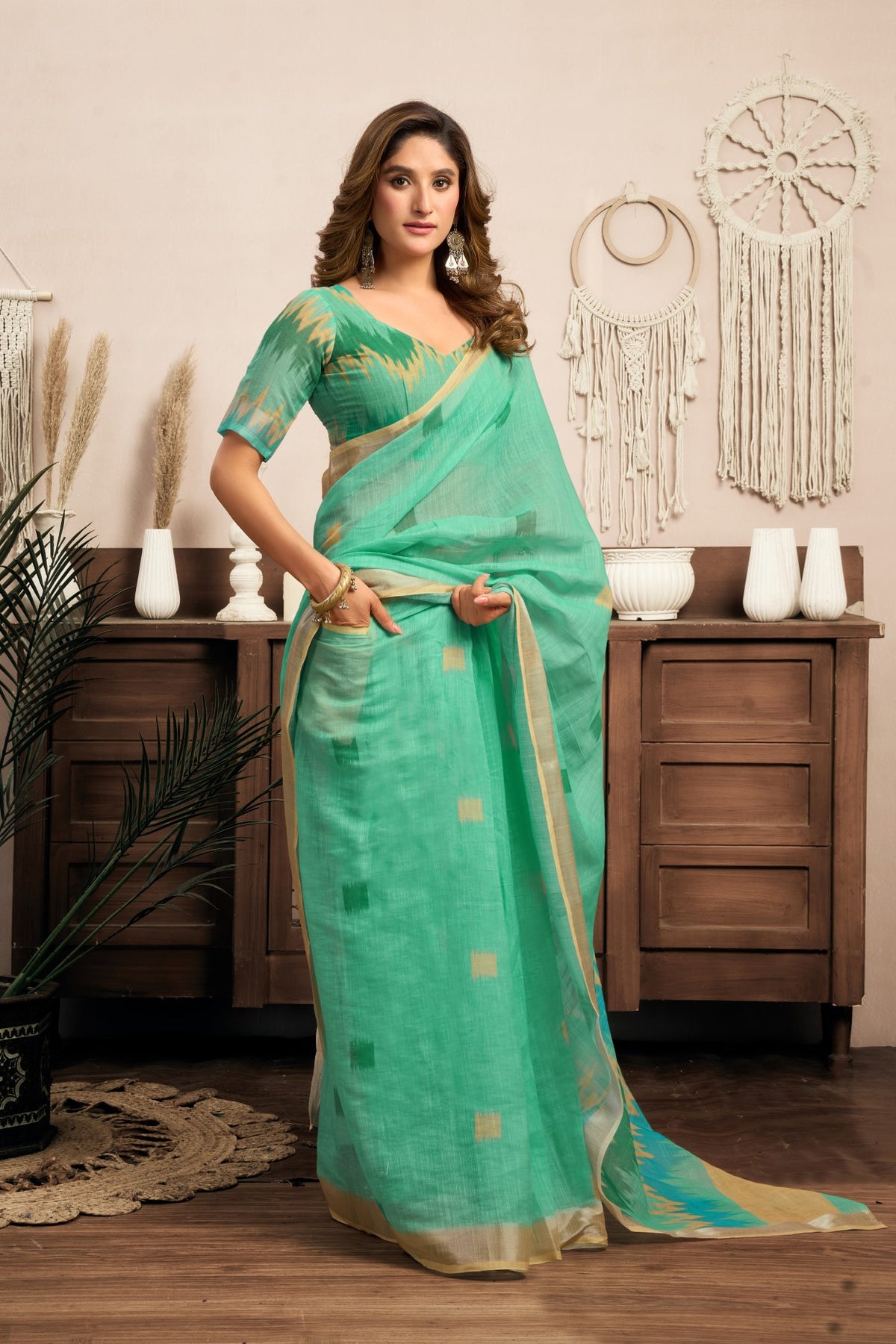 Multi Color Linen Ready To Wear Saree With Printed Design And Zari Stripe Border With Pocket