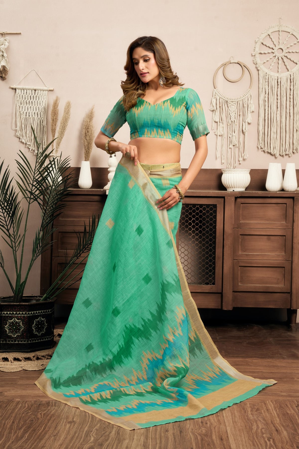 Multi Color Linen Ready To Wear Saree With Printed Design And Zari Stripe Border With Pocket