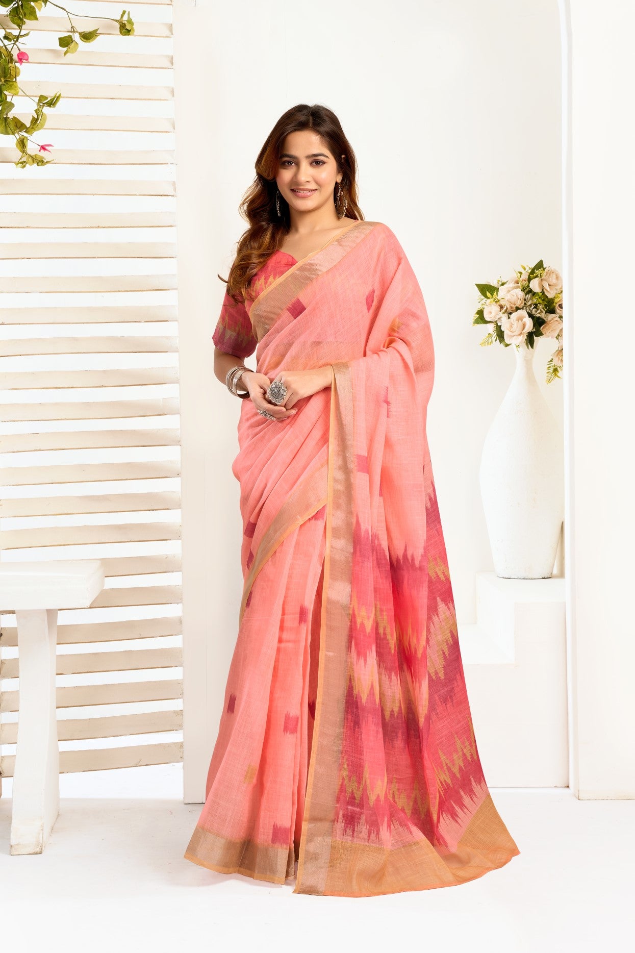 Multi Color Linen Ready To Wear Saree With Printed Design And Zari Stripe Border With Pocket
