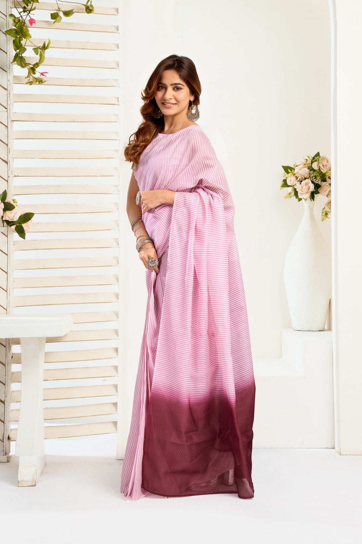 Multi Color Linen Ready To Wear Saree With Printed Design And Zari Stripe Border With Pocket