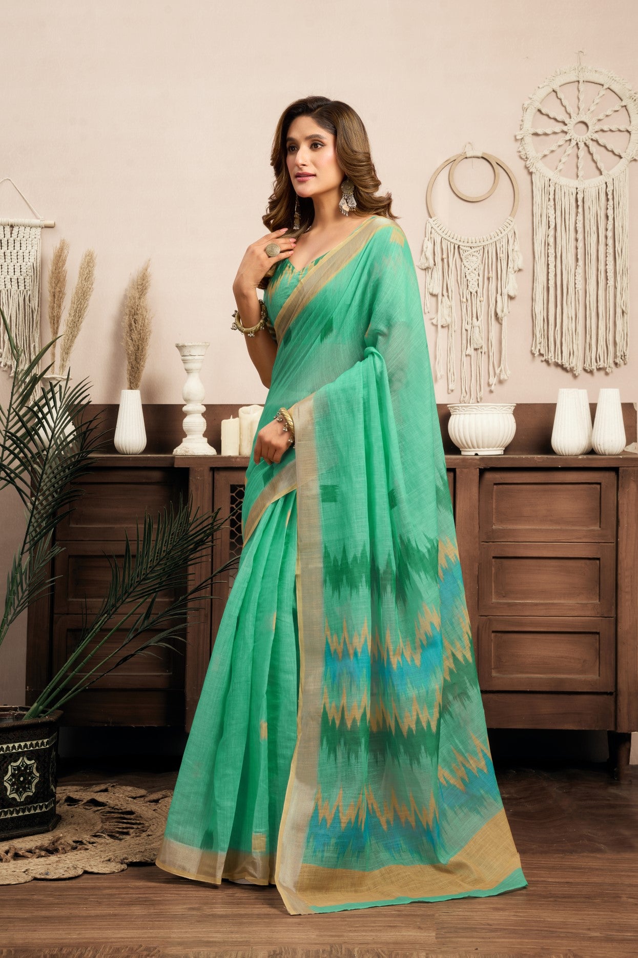 Multi Color Linen Ready To Wear Saree With Printed Design And Zari Stripe Border With Pocket