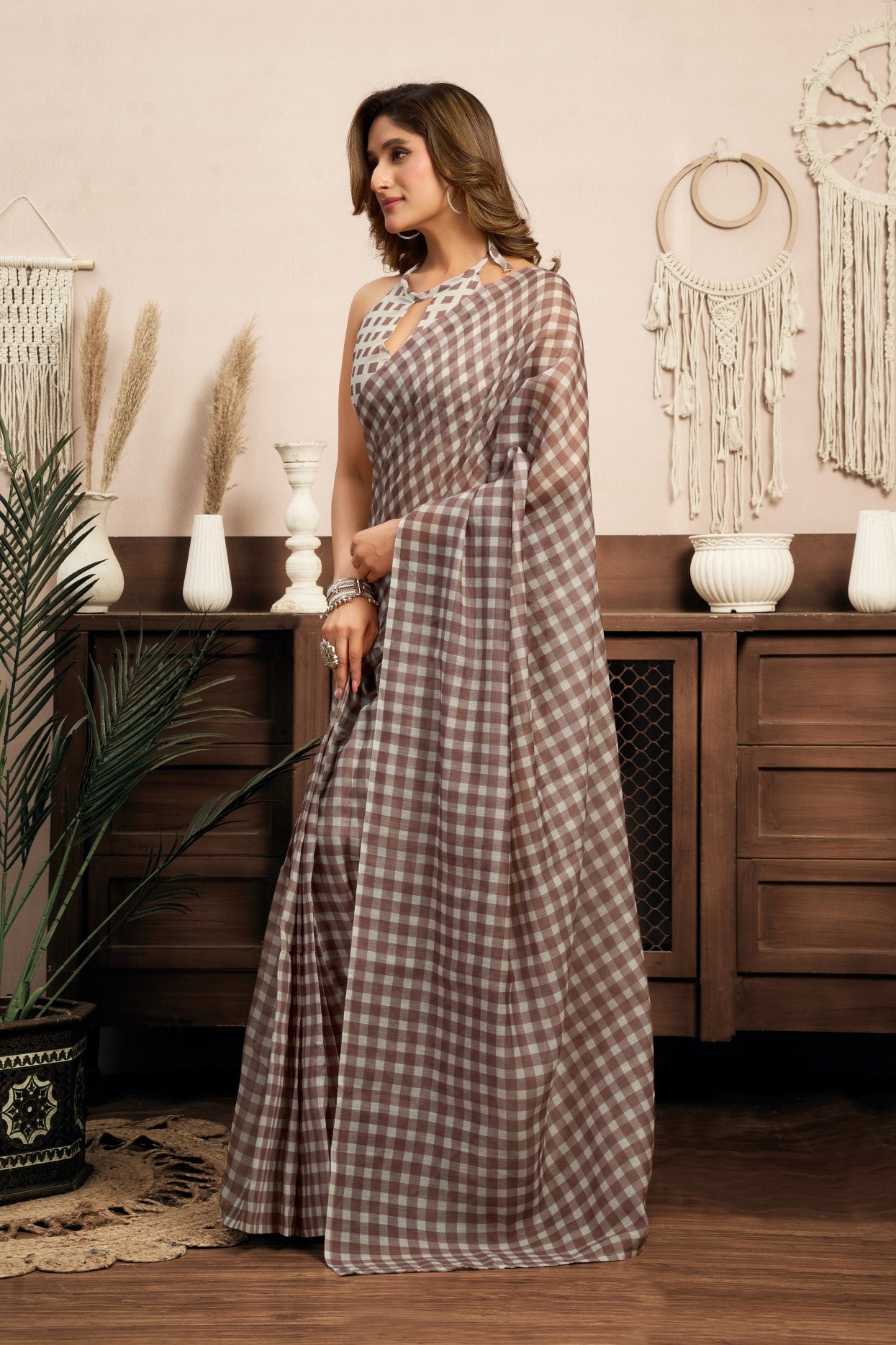 Multi Color Linen Ready To Wear Saree With Printed Design And Zari Stripe Border With Pocket
