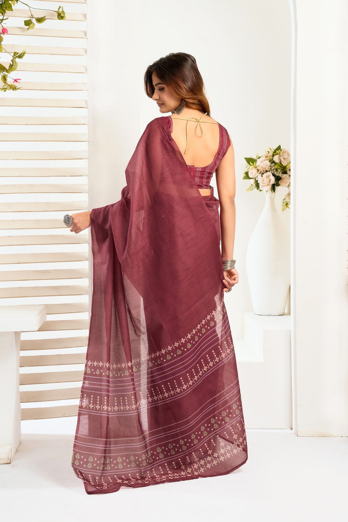 Multi Color Linen Ready To Wear Saree With Printed Design And Zari Stripe Border With Pocket