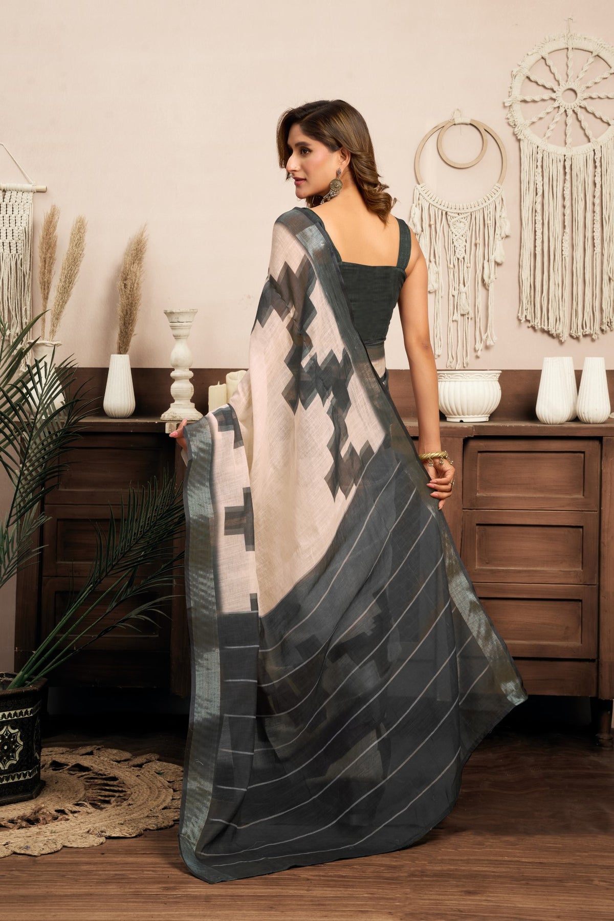 Multi Color Linen Ready To Wear Saree With Printed Design And Zari Stripe Border With Pocket