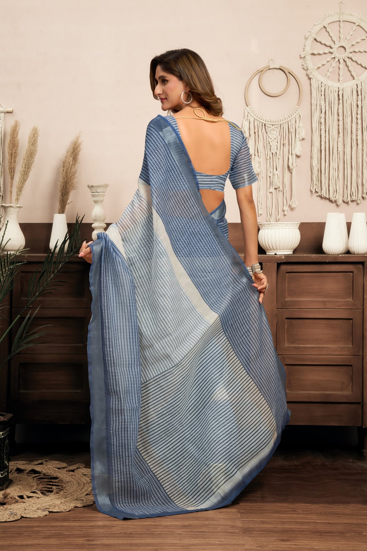 Multi Color Linen Ready To Wear Saree With Printed Design And Zari Stripe Border With Pocket