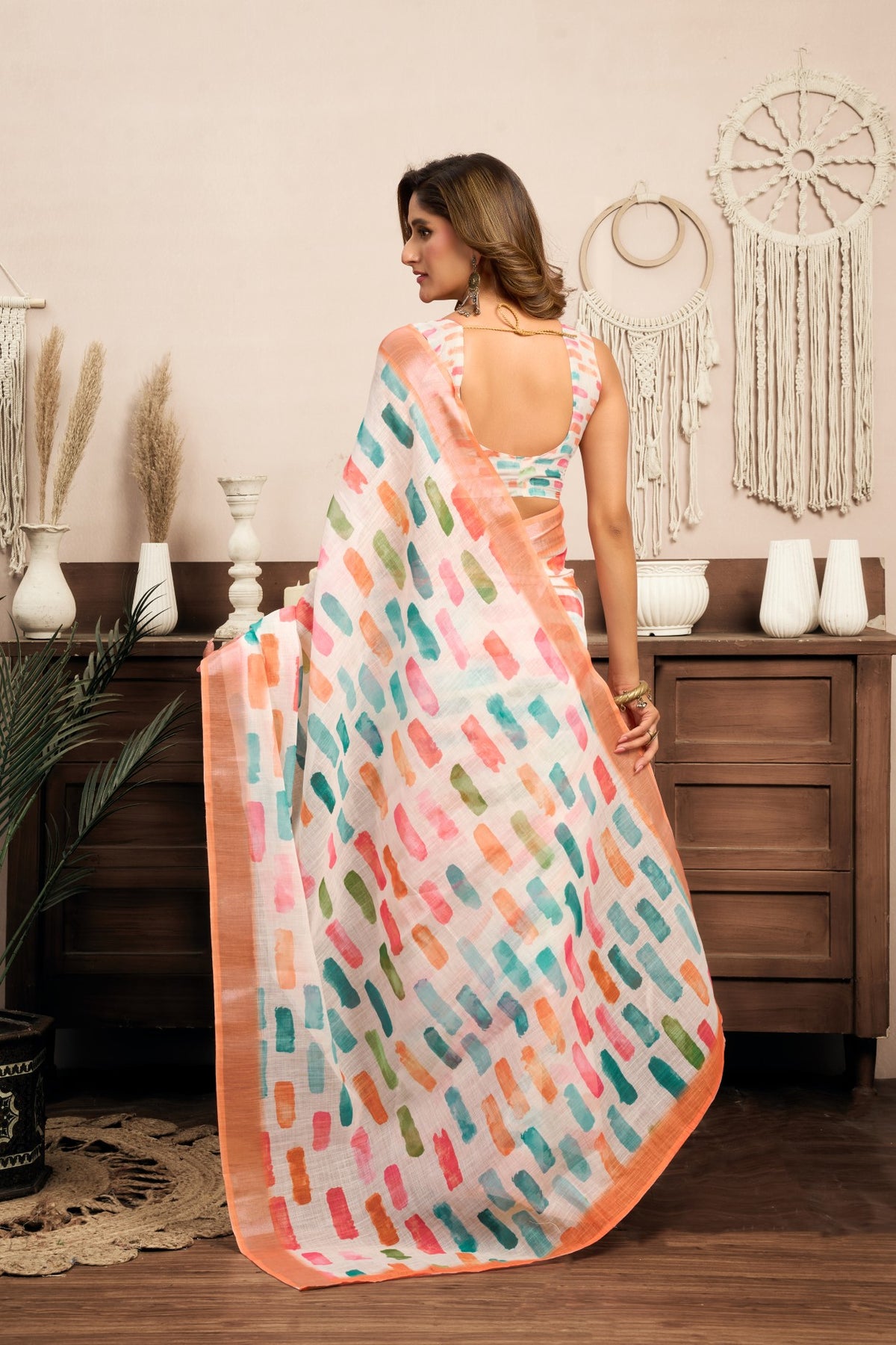 Multi Color Linen Ready To Wear Saree With Printed Design And Zari Stripe Border With Pocket