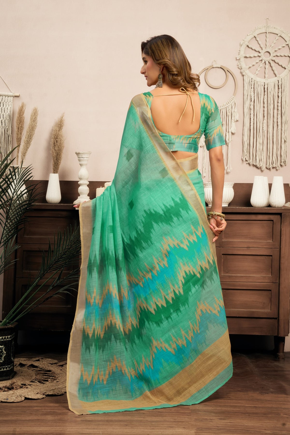 Multi Color Linen Ready To Wear Saree With Printed Design And Zari Stripe Border With Pocket