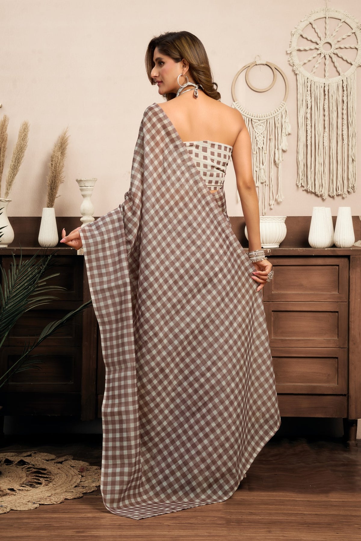 Multi Color Linen Ready To Wear Saree With Printed Design And Zari Stripe Border With Pocket