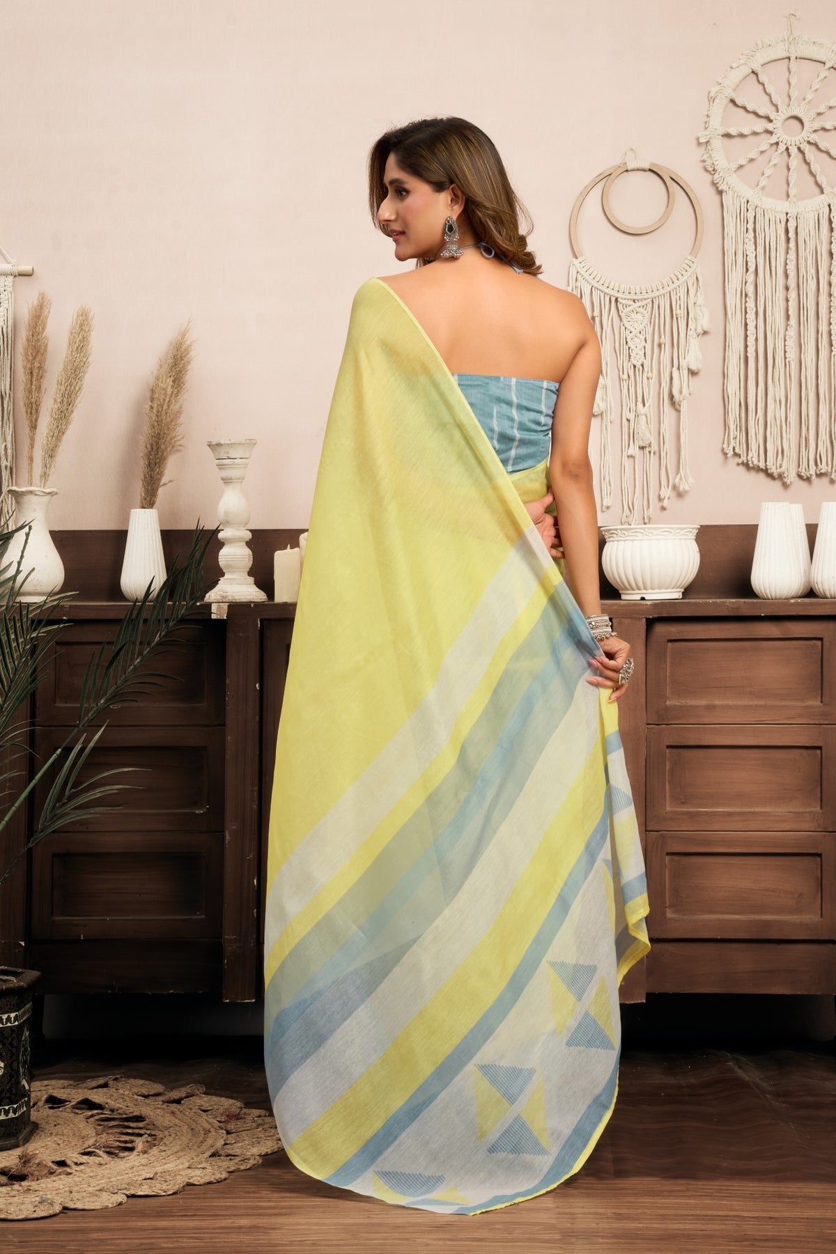 Multi Color Linen Ready To Wear Saree With Printed Design And Zari Stripe Border With Pocket