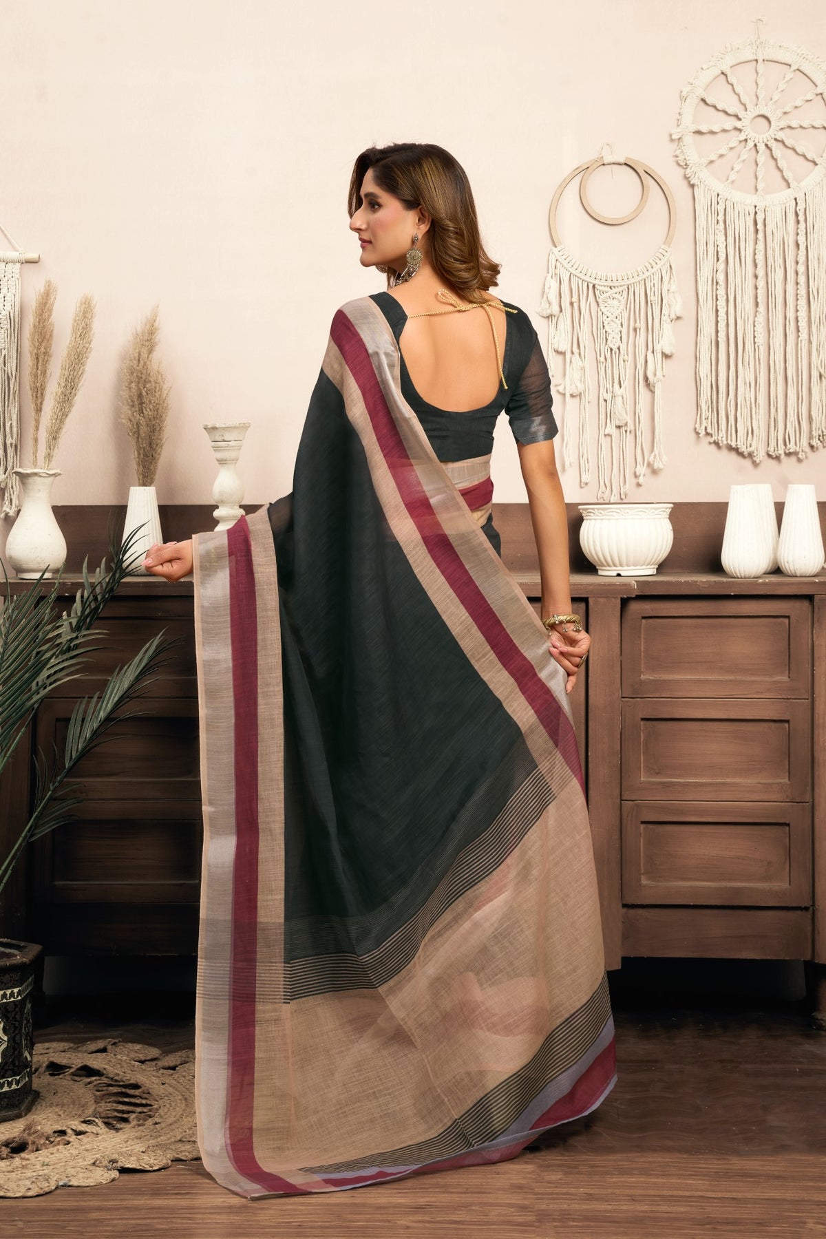 Multi Color Linen Ready To Wear Saree With Printed Design And Zari Stripe Border With Pocket