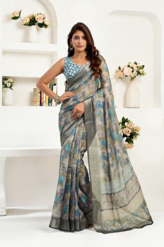 Multi Color Linen Ready To Wear Saree With Zari Border Printed