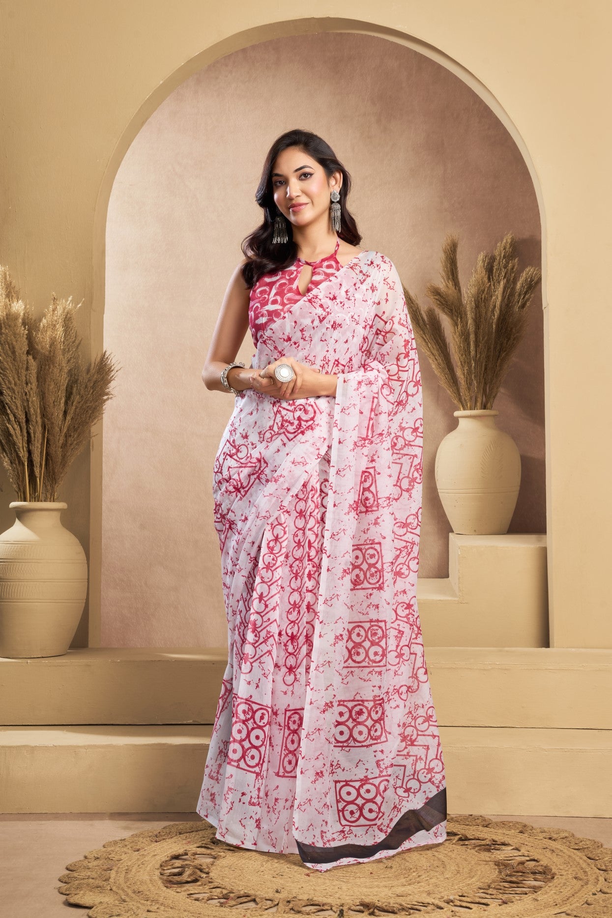 Multi Color Linen Ready To Wear Saree With Zari Border Printed
