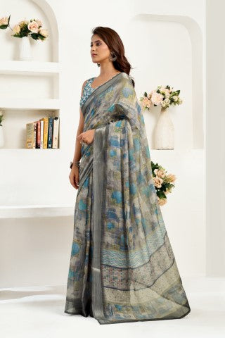 Multi Color Linen Ready To Wear Saree With Zari Border Printed