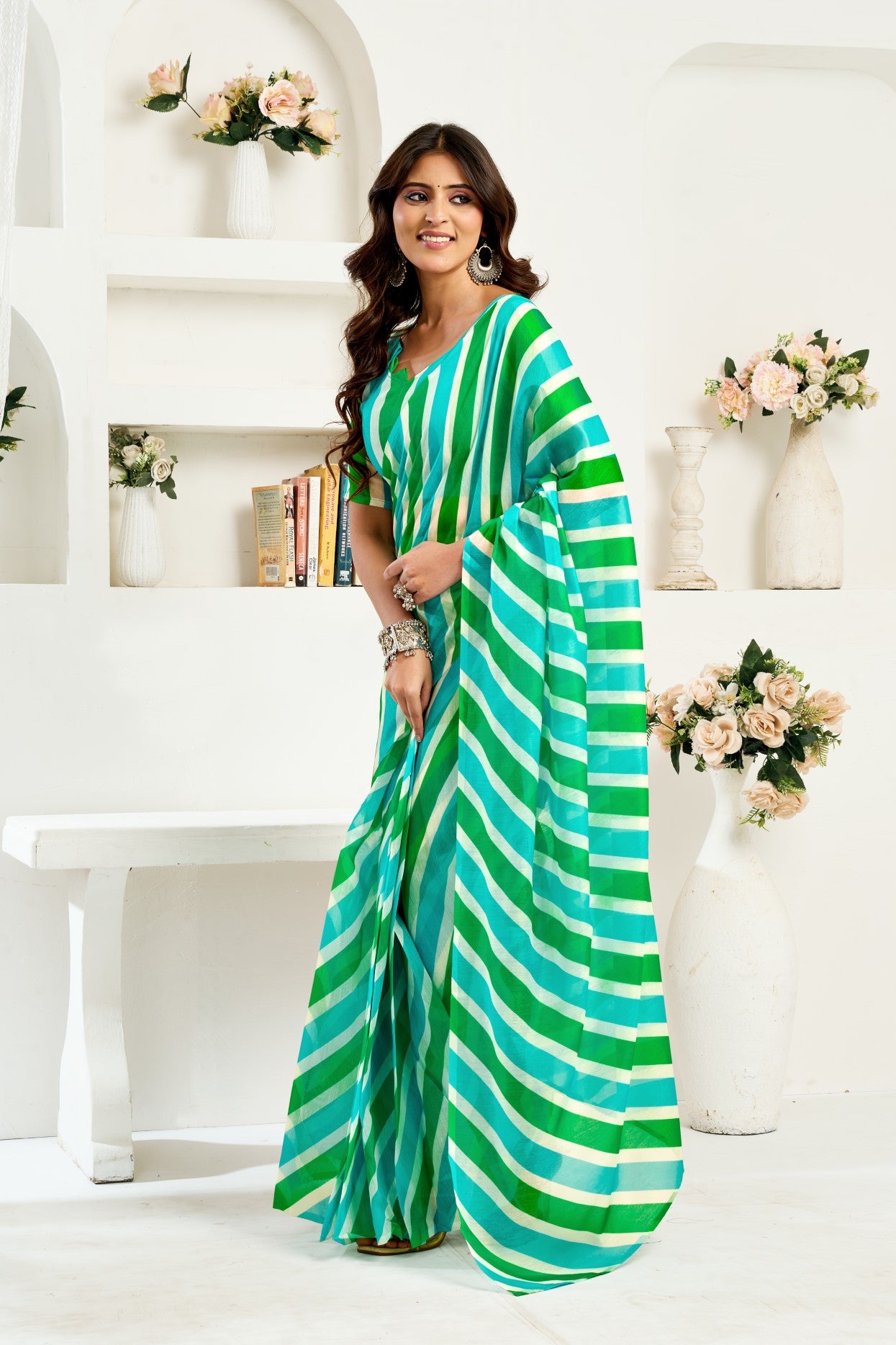 Multi Color Linen Ready To Wear Saree With Zari Border Printed