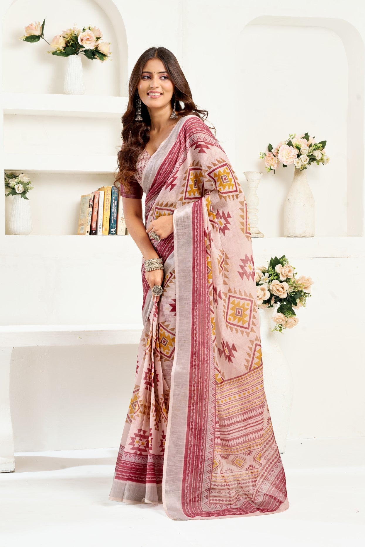 Multi Color Linen Ready To Wear Saree With Zari Border Printed