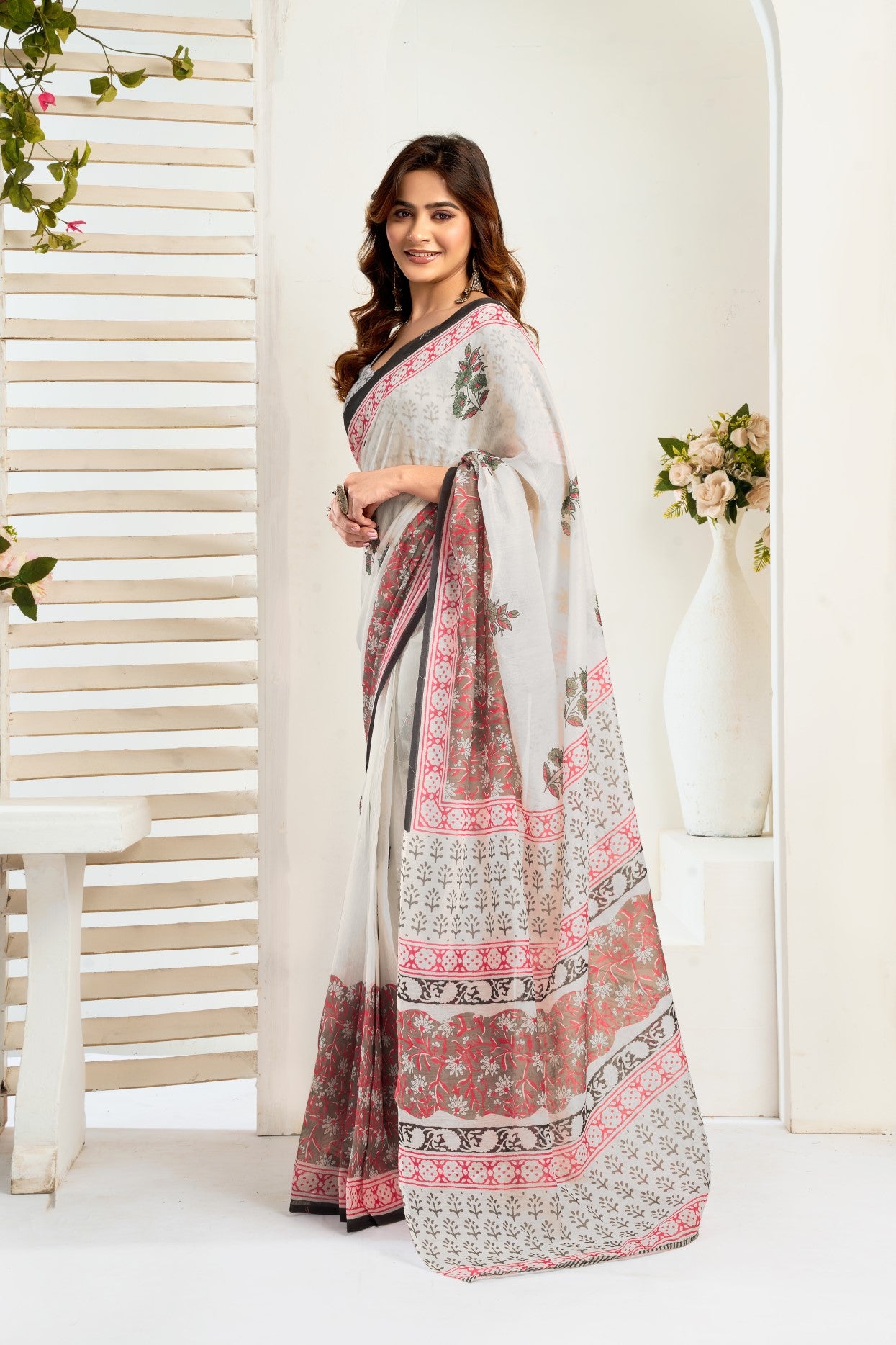 Multi Color Linen Ready To Wear Saree With Zari Border Printed