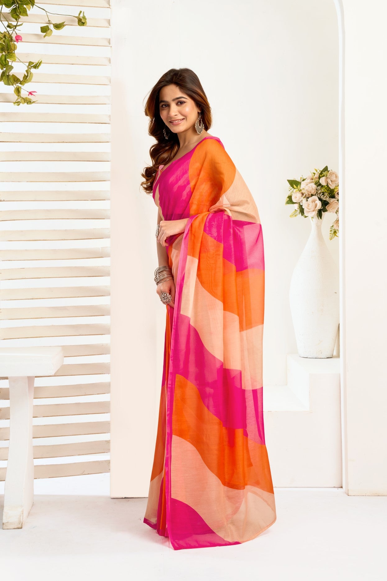 Multi Color Linen Ready To Wear Saree With Zari Border Printed