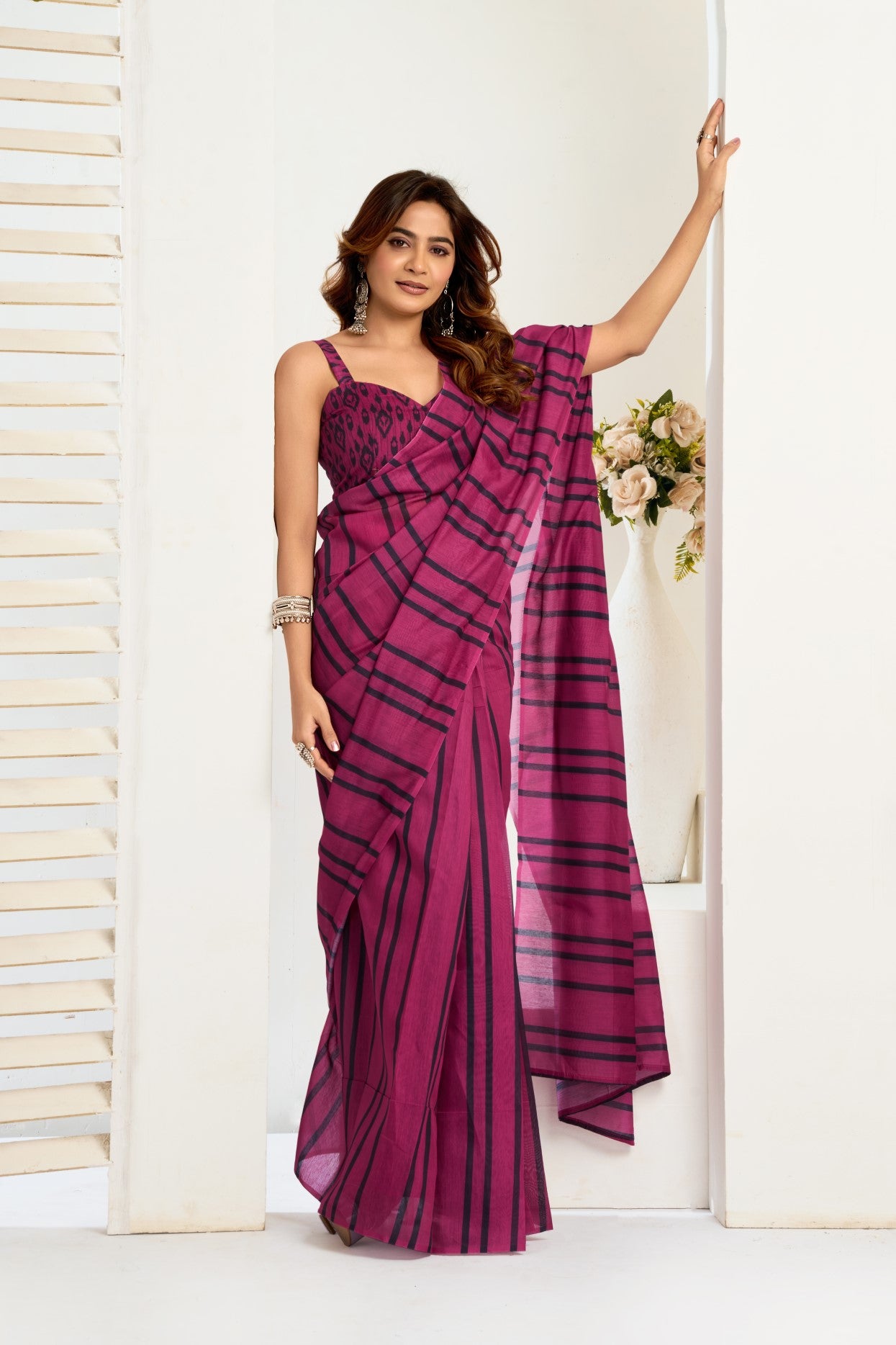 Multi Color Linen Ready To Wear Saree With Zari Border Printed