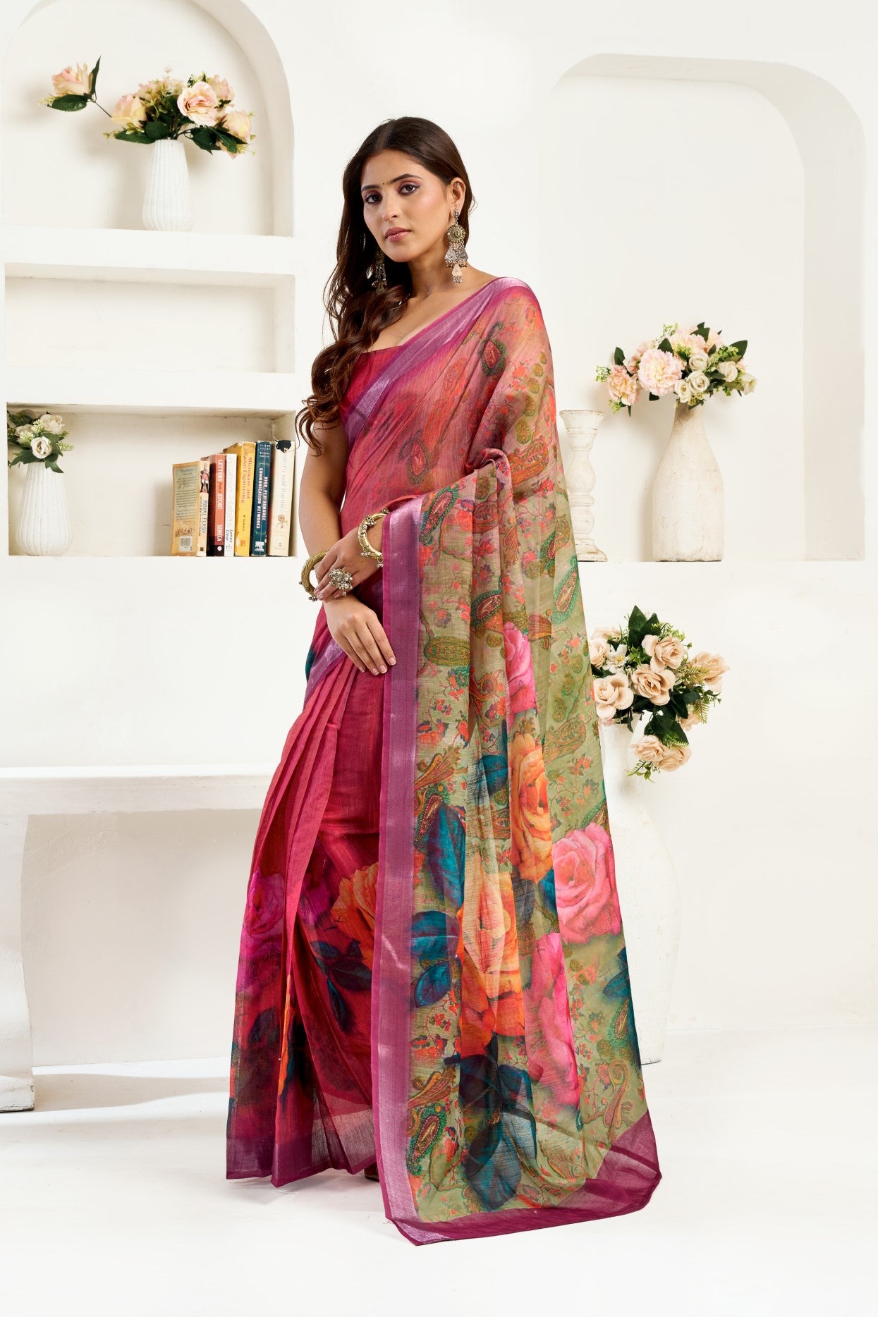 Multi Color Linen Ready To Wear Saree With Zari Border Printed