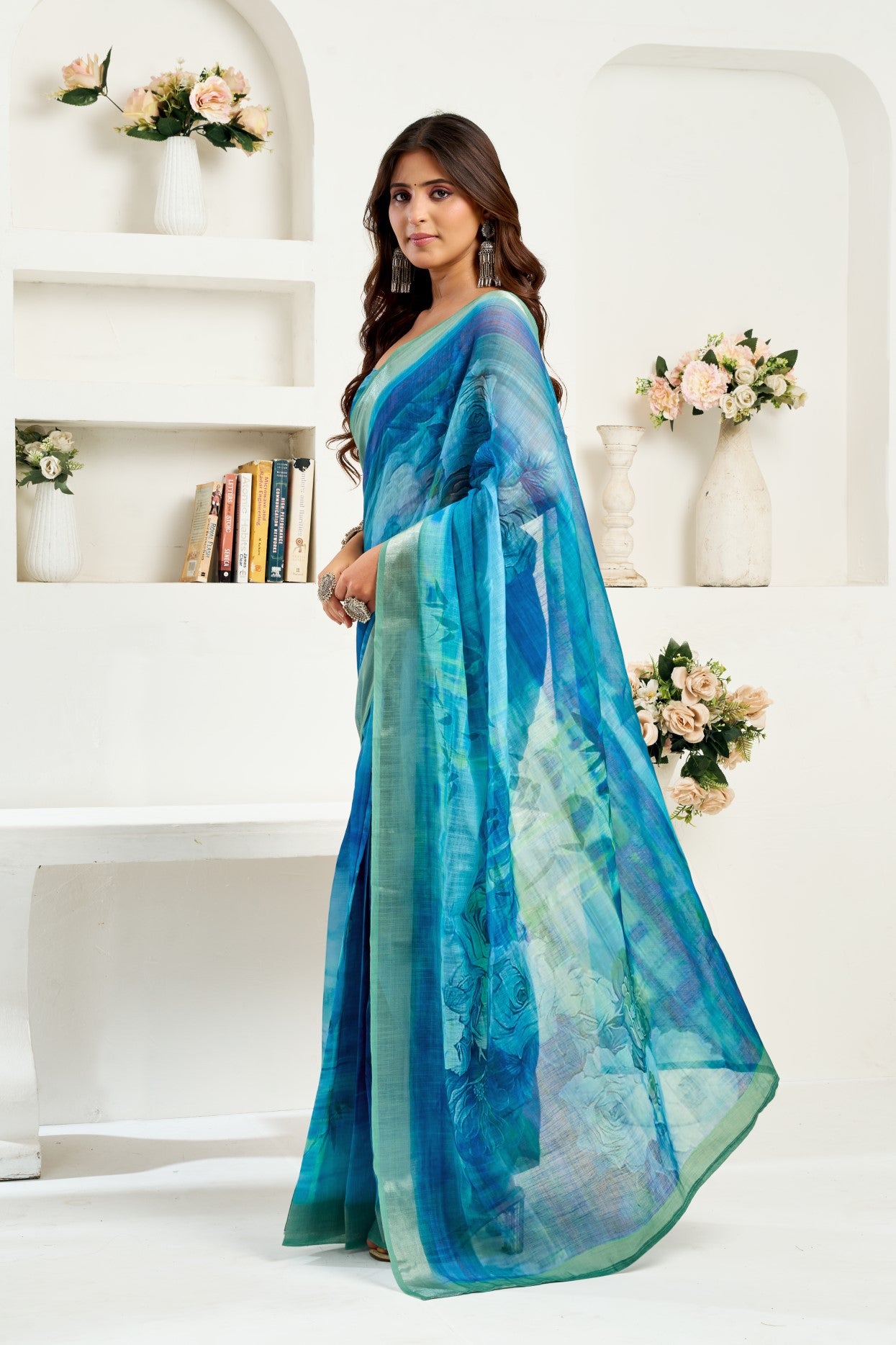 Multi Color Linen Ready To Wear Saree With Zari Border Printed