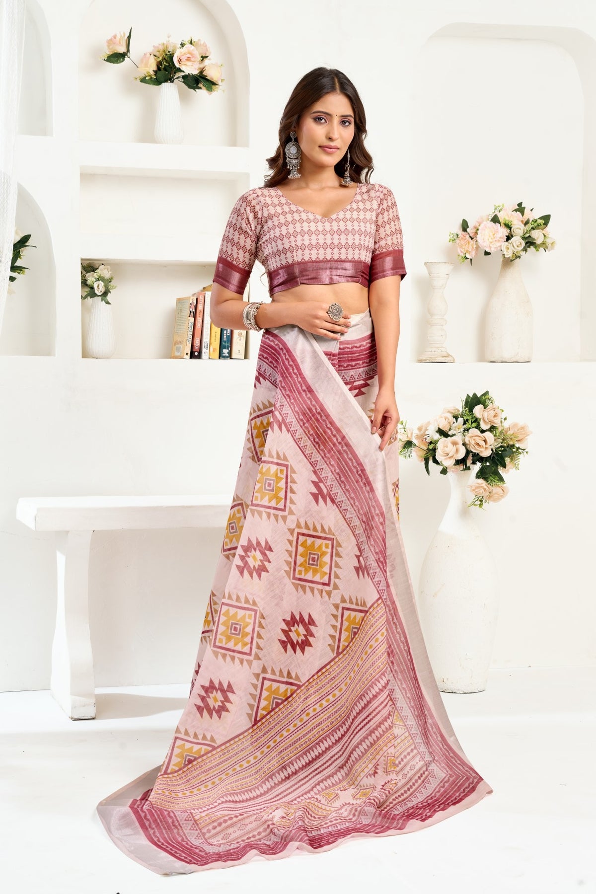 Multi Color Linen Ready To Wear Saree With Zari Border Printed