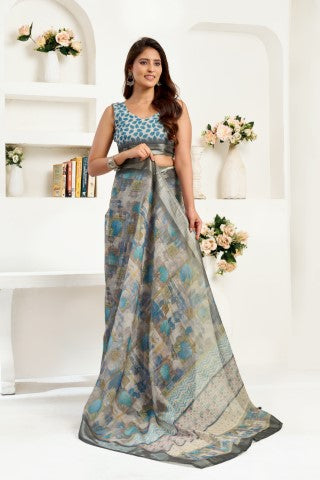 Multi Color Linen Ready To Wear Saree With Zari Border Printed
