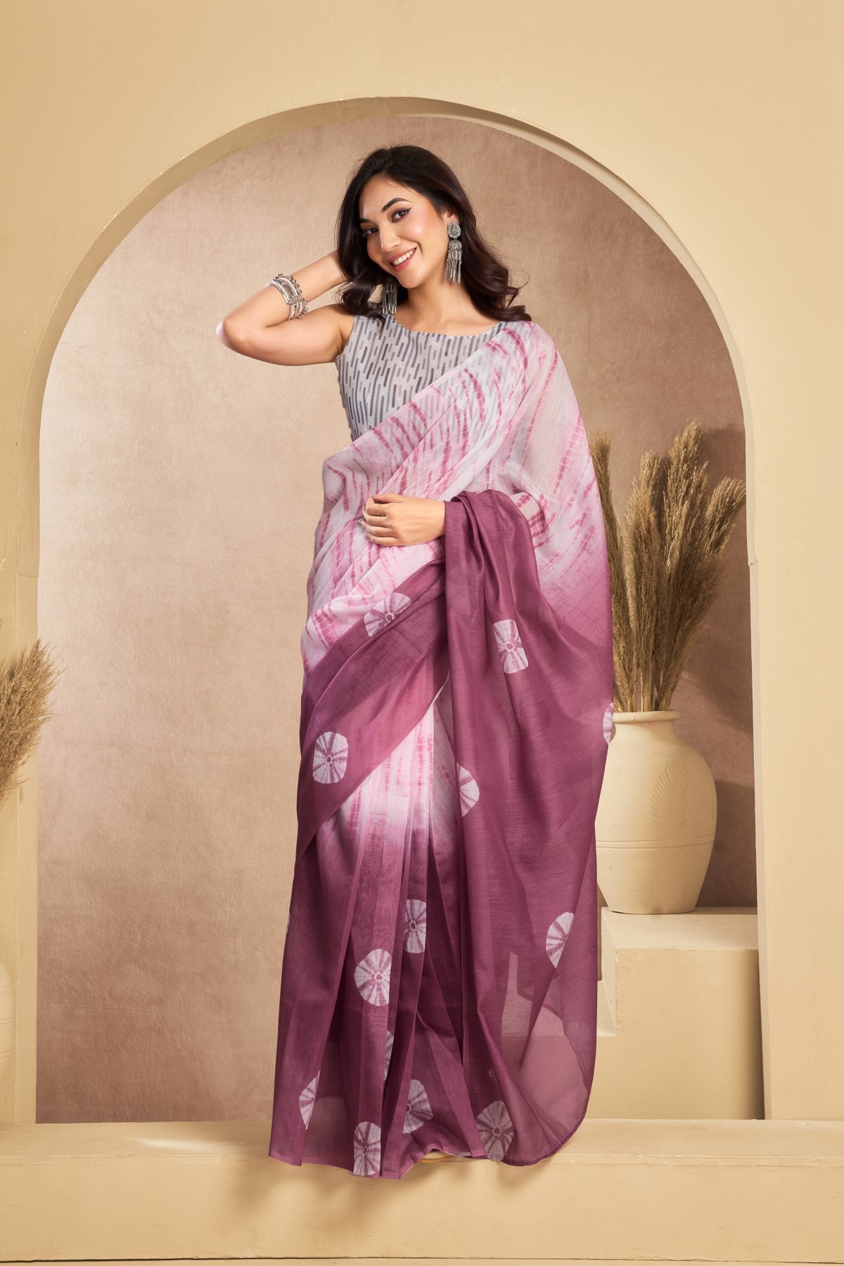 Multi Color Linen Ready To Wear Saree With Zari Border Printed