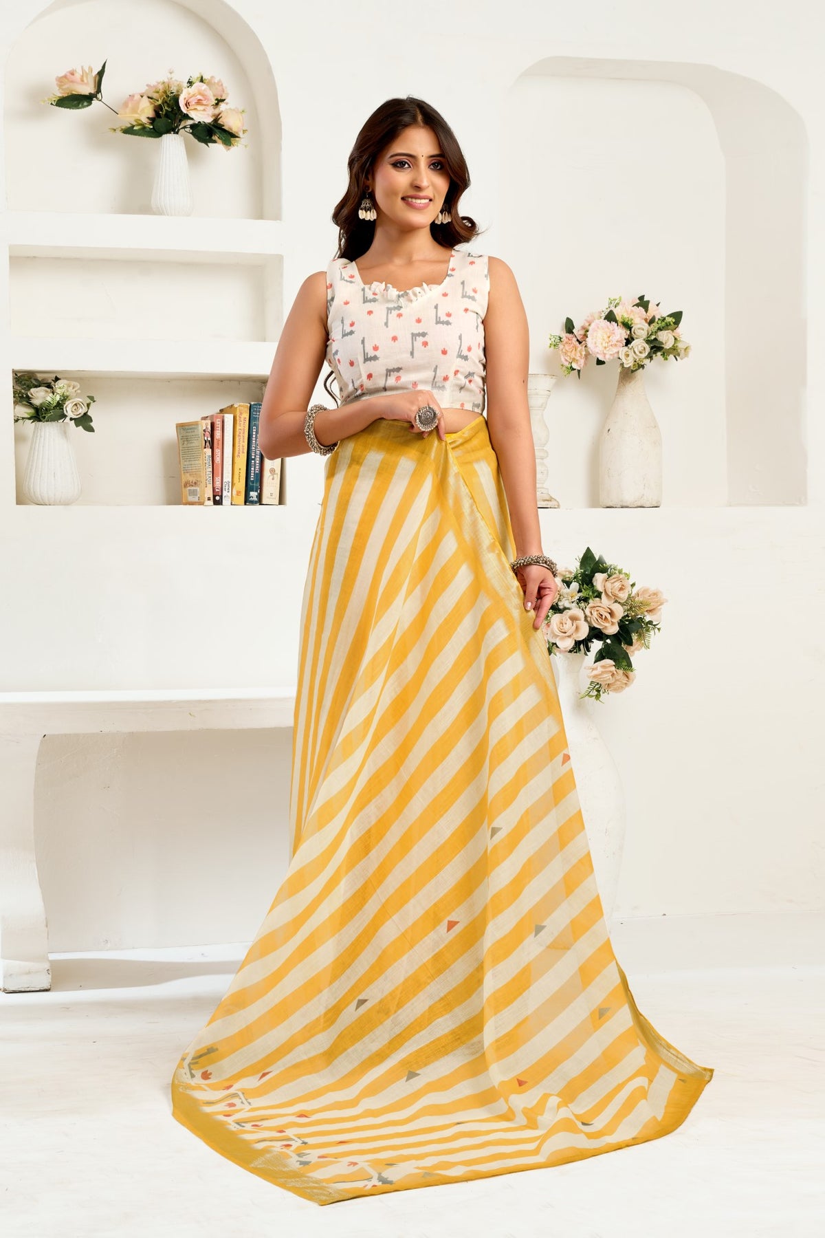 Multi Color Linen Ready To Wear Saree With Zari Border Printed