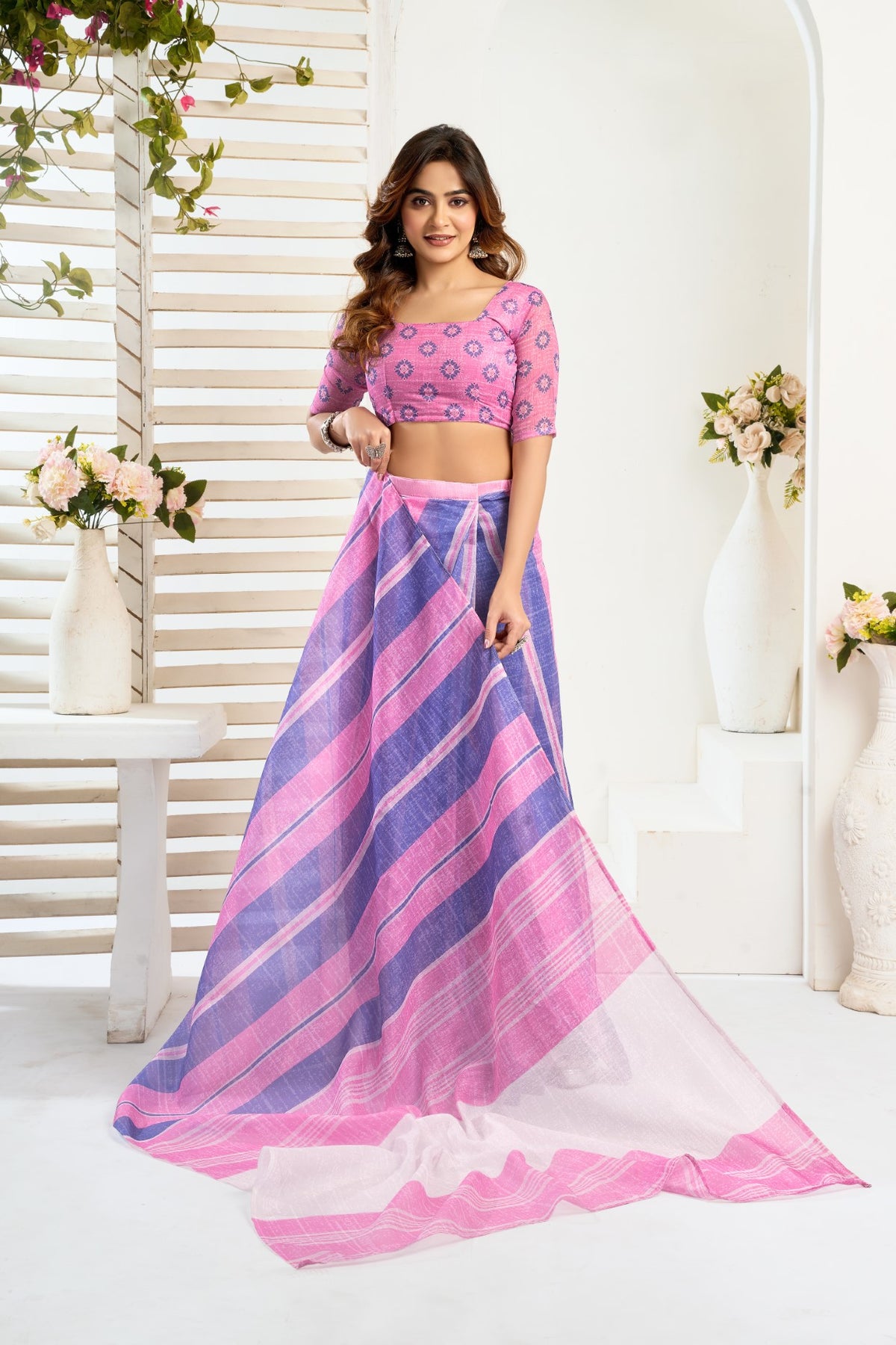 Multi Color Linen Ready To Wear Saree With Zari Border Printed