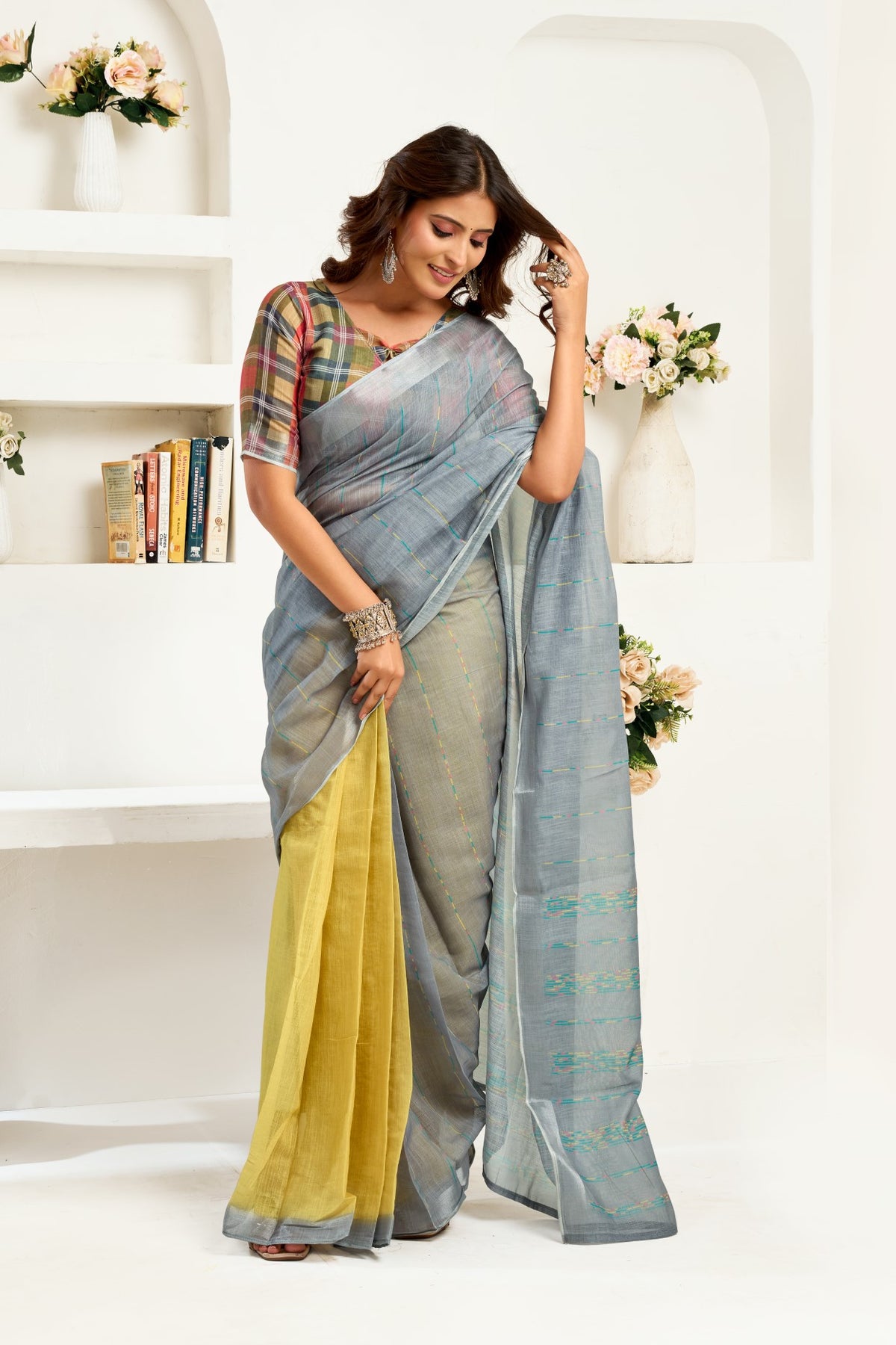 Multi Color Linen Ready To Wear Saree With Zari Border Printed