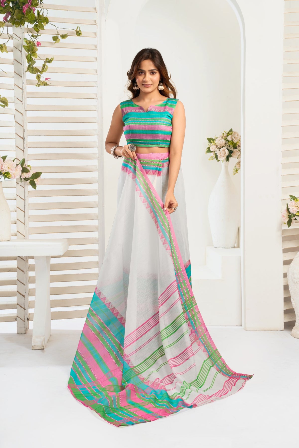 Multi Color Linen Ready To Wear Saree With Zari Border Printed