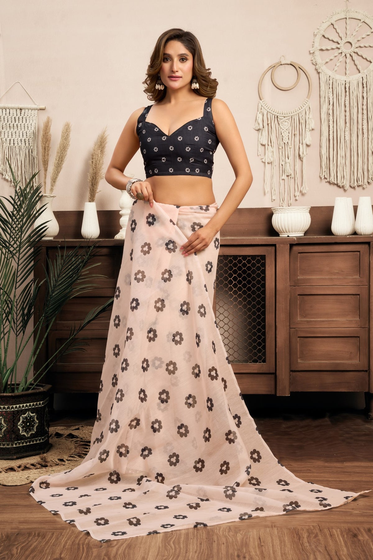 Multi Color Linen Ready To Wear Saree With Zari Border Printed