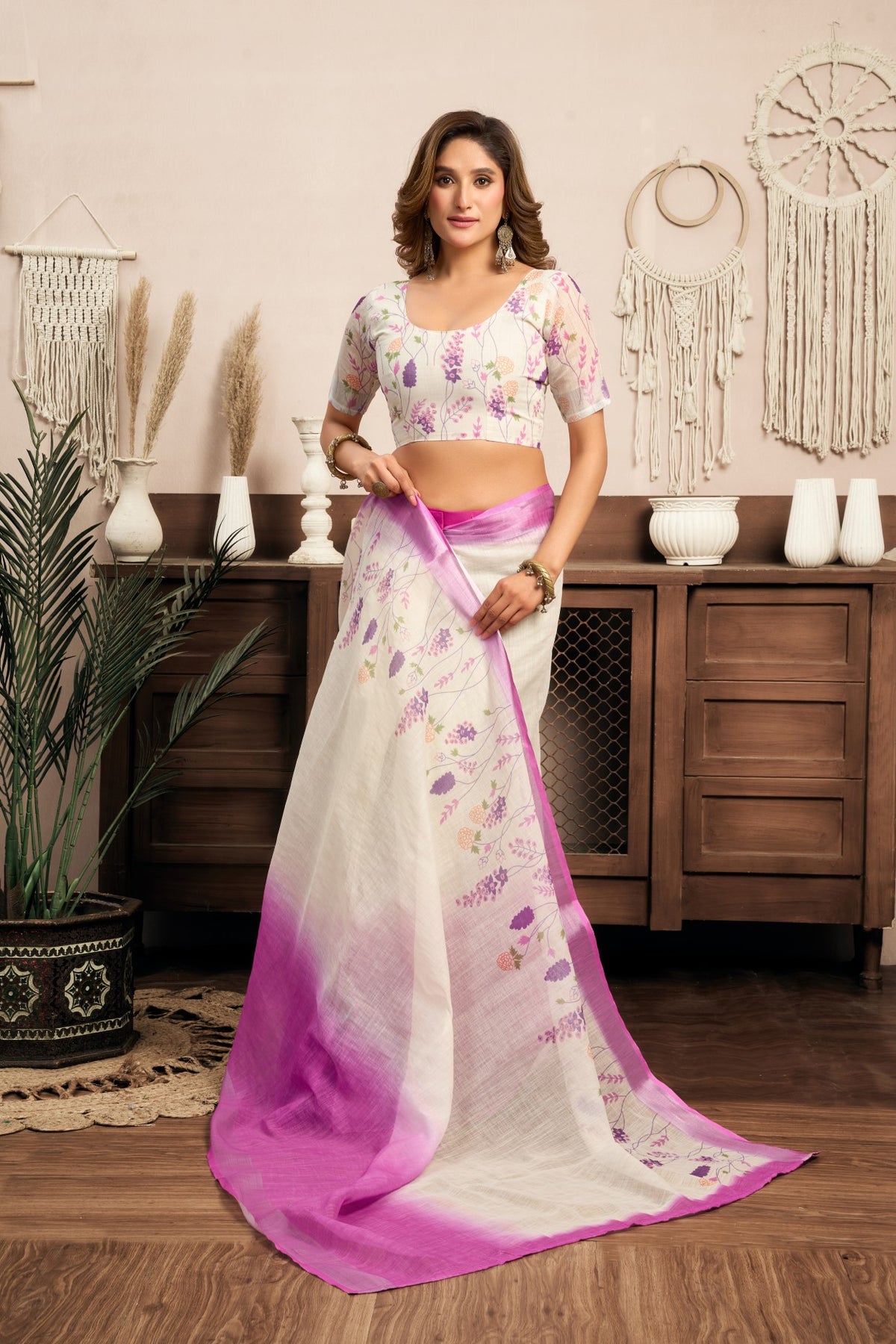 Multi Color Linen Ready To Wear Saree With Zari Border Printed