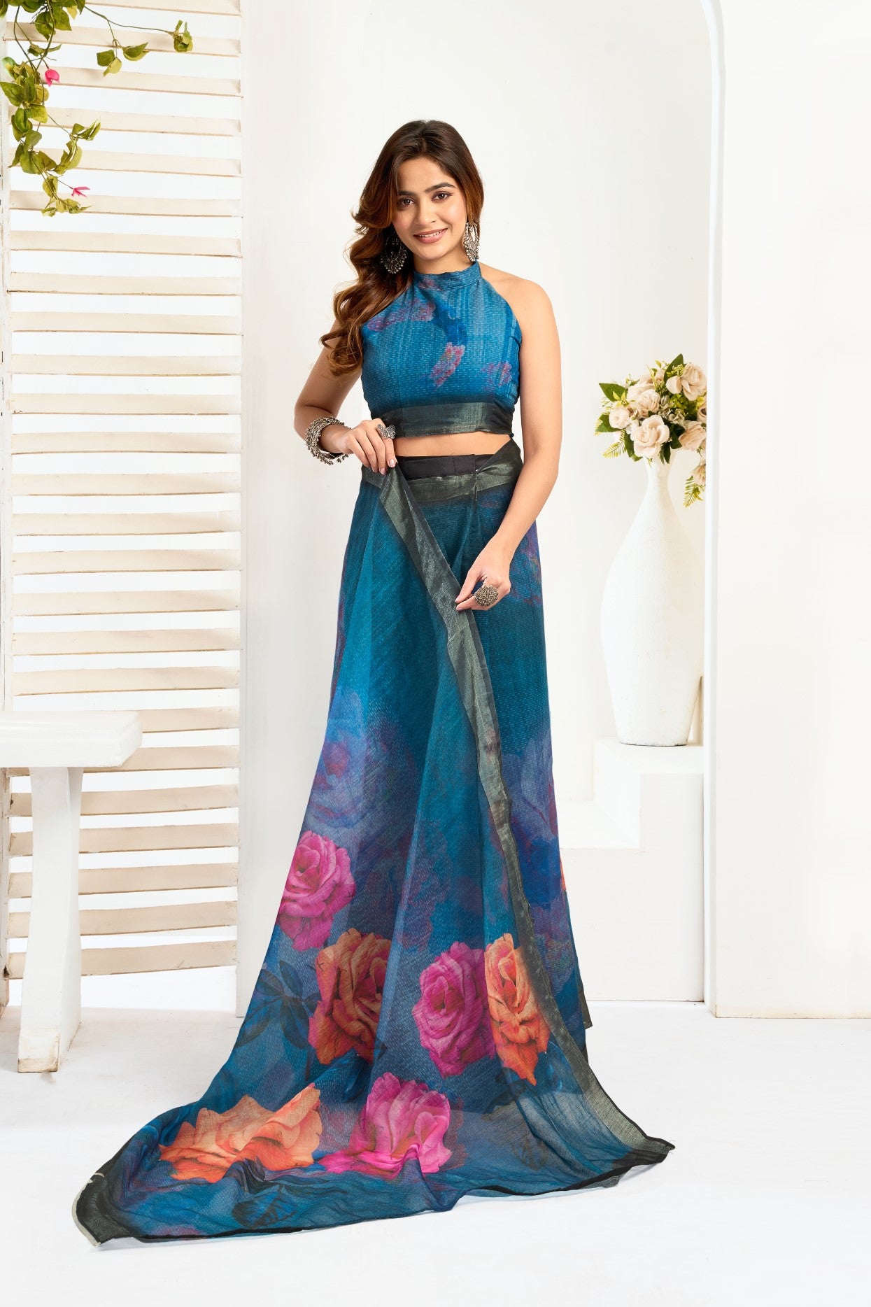 Multi Color Linen Ready To Wear Saree With Zari Border Printed