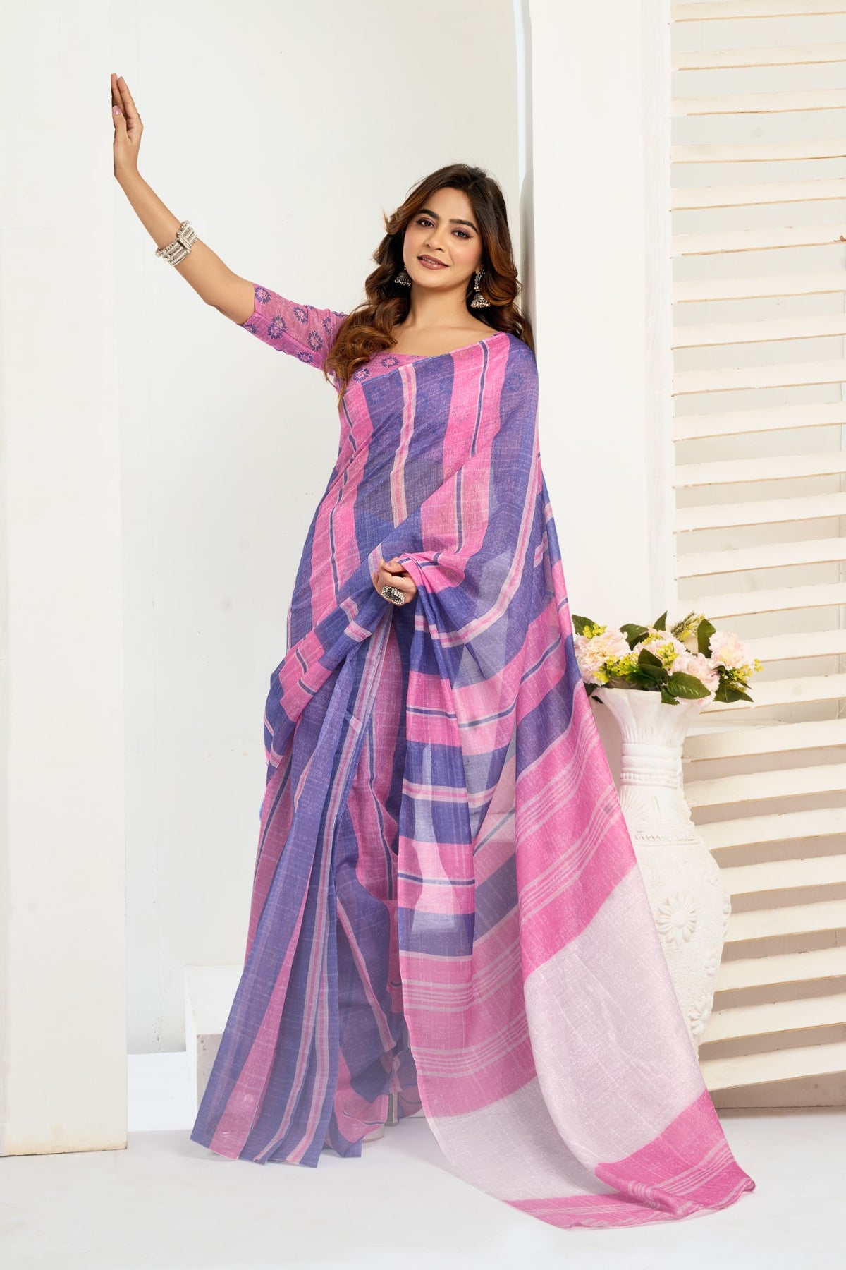 Multi Color Linen Ready To Wear Saree With Zari Border Printed