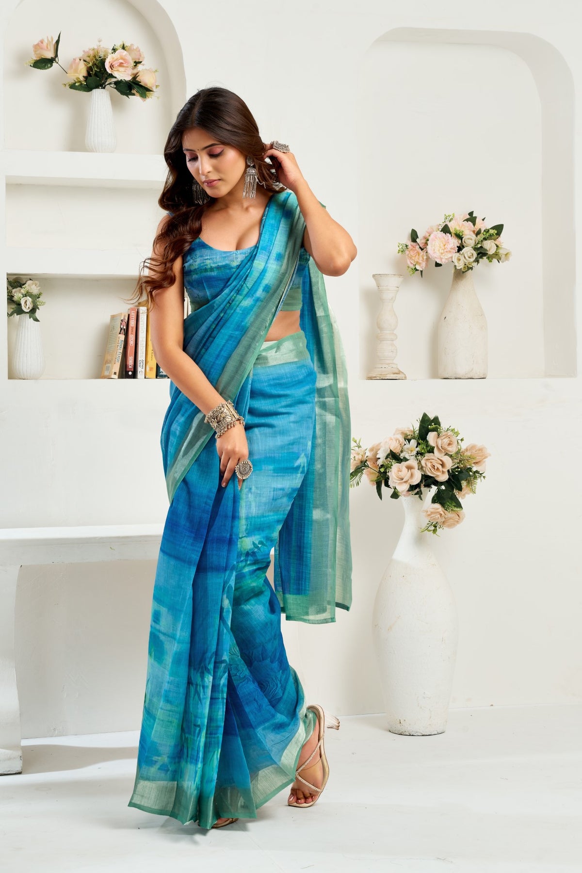 Multi Color Linen Ready To Wear Saree With Zari Border Printed