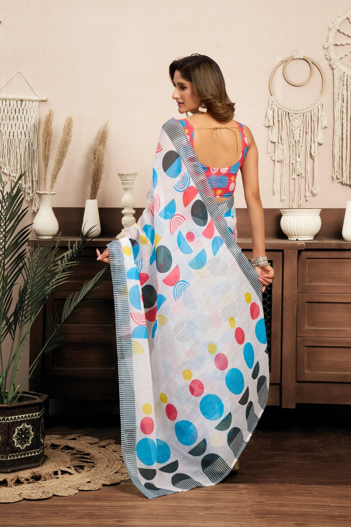 Multi Color Linen Ready To Wear Saree With Zari Border Printed